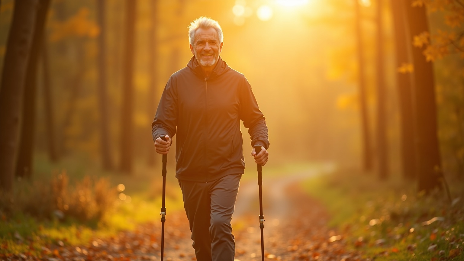 Aktív, ötvenes-hatvanas éveiben járó férfi Nordic Walking bottal sétál egy őszi erdei ösvényen